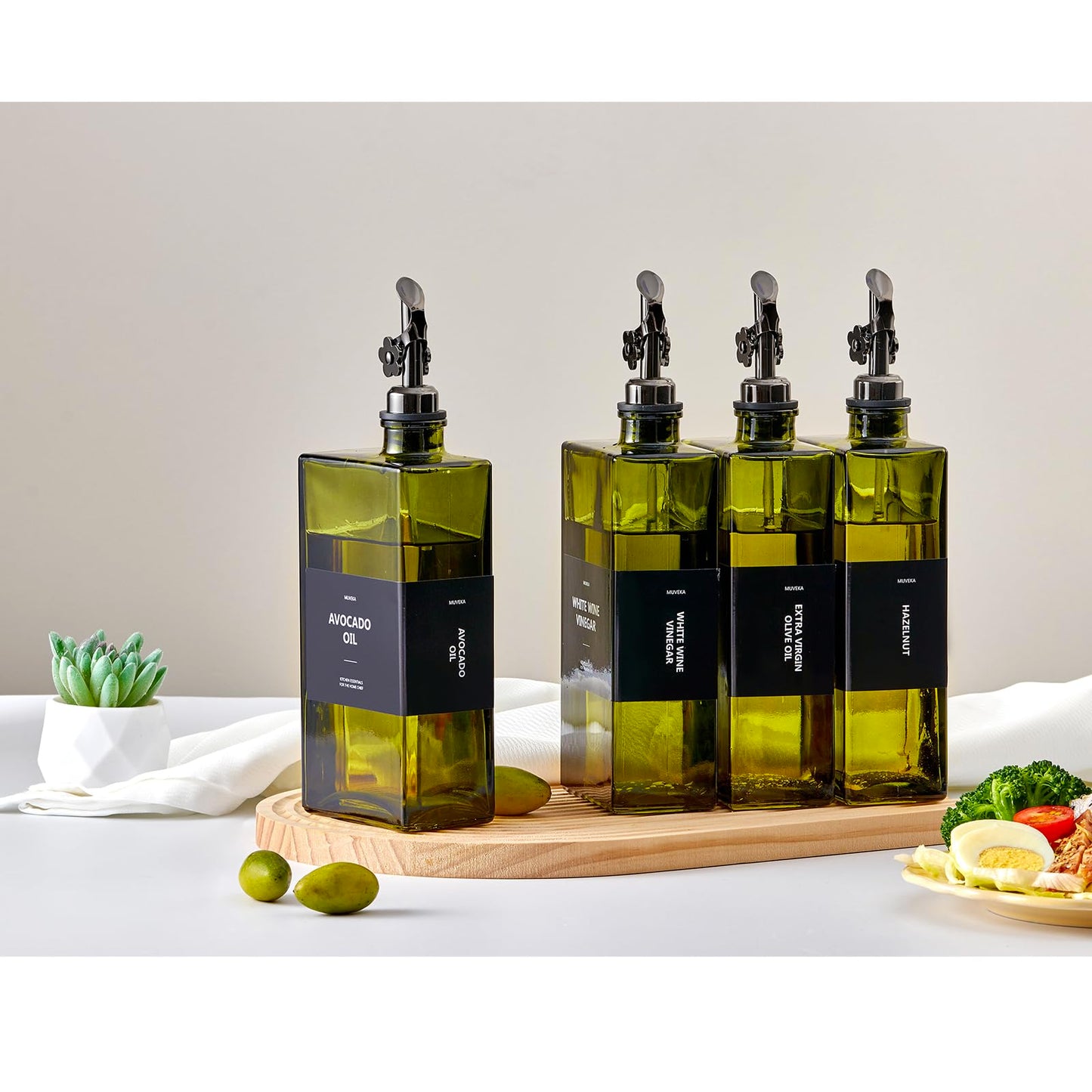 MUVEKA Olive Oil Dispenser Bottle for Kitchen, 16.9oz /500ml Cooking Vinegar Dispenser Bottle Set, Glass Sauce Container, Labels, Brush, Funnel, Stoppers, Green for Oil, Wine