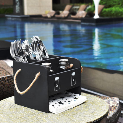 Ikee Design Wooden Utensil Caddy with Handles, Includes Salt Pepper Shaker, Silverware Holder Organizer for Countertop,