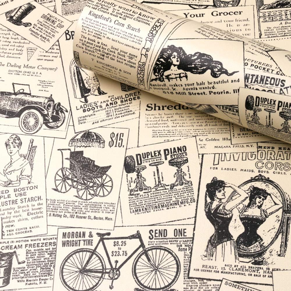 Self-Adhesive Vintage Newspaper Drawer Shelf Liner, 17.7x117 Inches, for Kitchen Bathroom Cabinets and Crafts