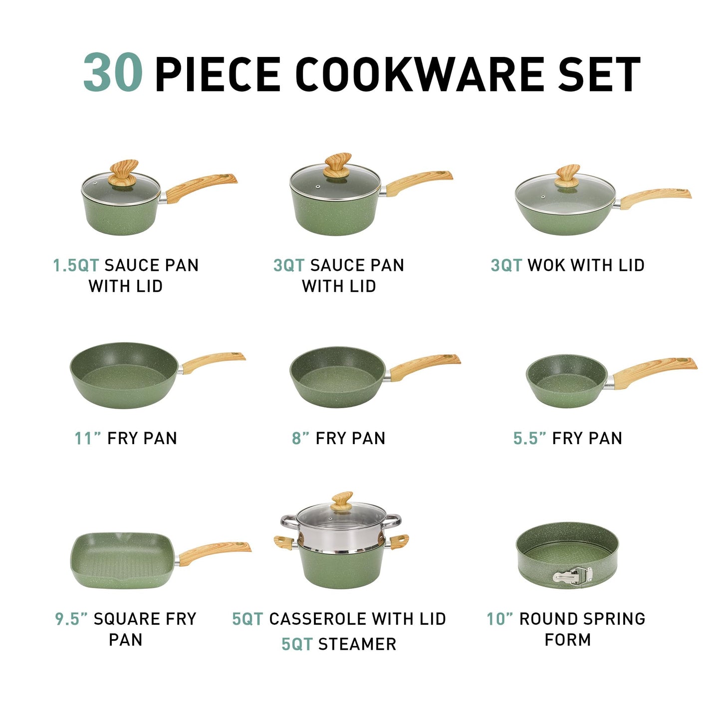 MAISON ARTS 30 Piece Pots and Pans Set Non Stick, Kitchen Cookware & Bakeware Sets with Nonstick Granite Coating, Baking Tray, Frying Pan and Saucepan, Green