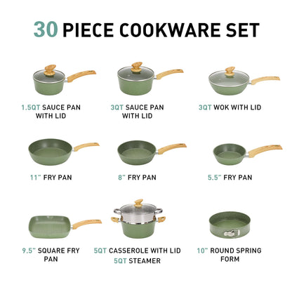 MAISON ARTS 30 Piece Pots and Pans Set Non Stick, Kitchen Cookware & Bakeware Sets with Nonstick Granite Coating, Baking Tray, Frying Pan and Saucepan, Green