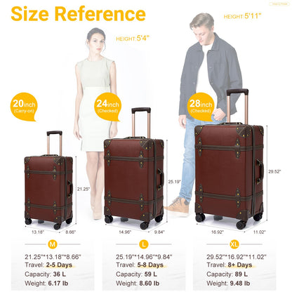 NZBZ Vintage Luggage Sets for Women, PU Leather Retro Suitcase, Vintage Trunk Luggage, Vintage Suitcase Set (Caramel Brown, 20", 24" & 28")