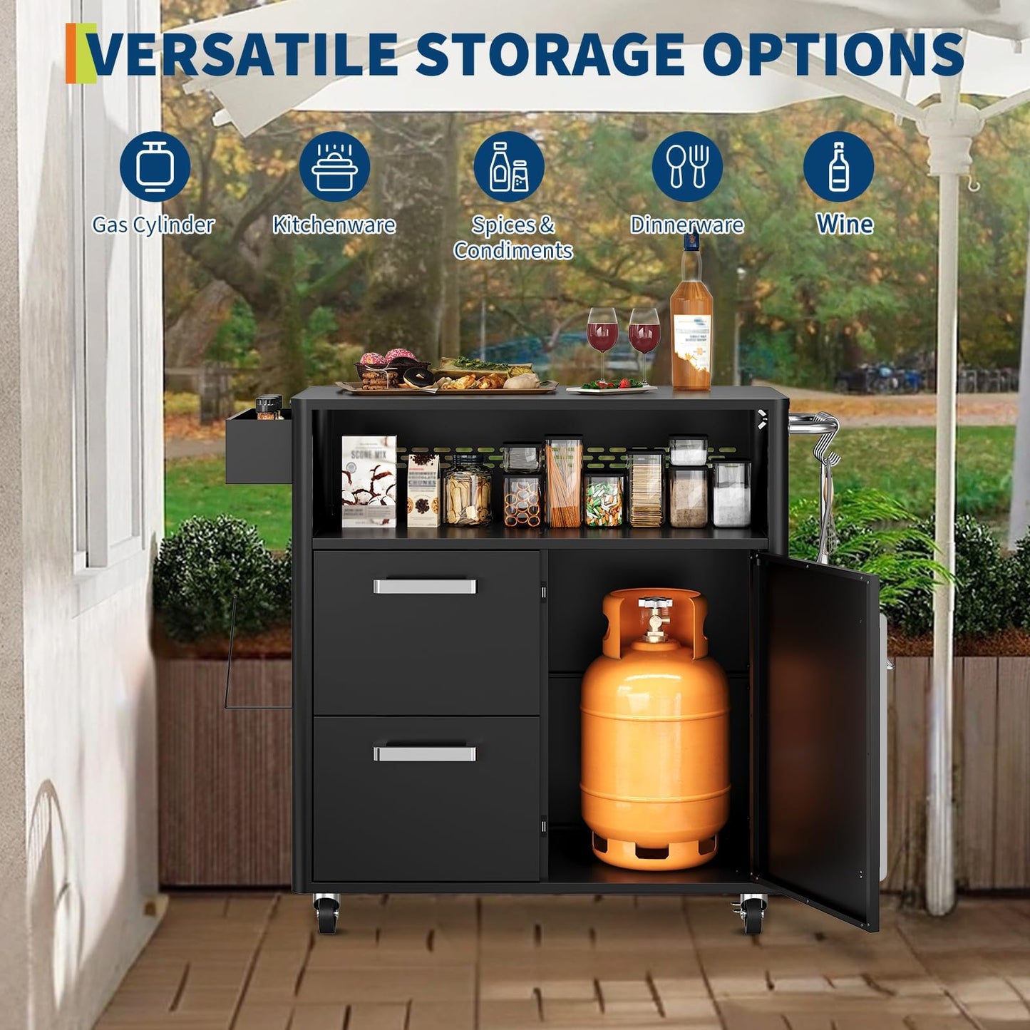 Heavy Duty Outdoor Grill Cart with Stainless Steel Prep Table, Lockable Wheels, Spacious Storage Cabinet, and Island Table Design for Patio or Kitchen Use