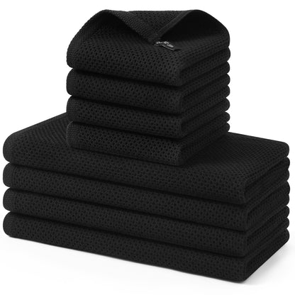 Kitinjoy 100% Cotton Kitchen Towels and Dishcloths Set, 8 Pack-13" x 28" and 12" x 12" Waffle Weave Dish Towels, Ultra Soft Absorbent Quick Drying Dish Rags, Black