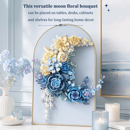 Sahteg 934PCS Blue Moon Flower Building Blocks Kit for Adults, Crescent Moon Botanical Art Display, Artificial Flowers Building Set for Home Décor Wall Art Decoration