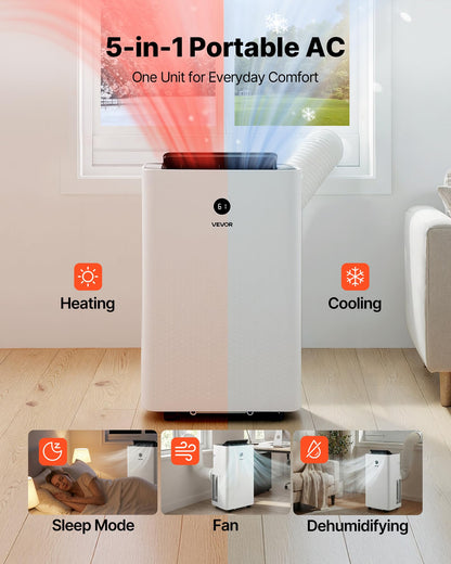VEVOR Portable Air Conditioner and Heater Combo, 14000 BTU (9800 BTU SACC) 5-in-1 Standing Cooling Ac Unit, LED Touch Panel & Remote Control, 24h Timer, Dehumidifier/Fan/Sleep Mode for Room Indoor