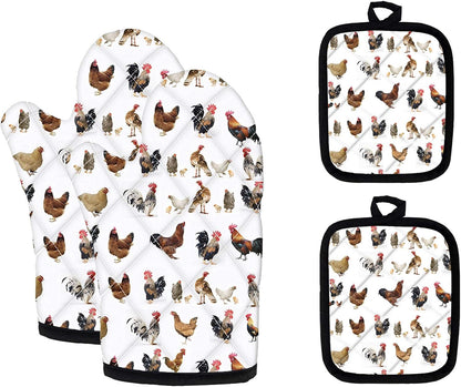 UNICEU White Chicken Pattern Fashion Heat Resistant Hot Oven Mitts & Pot Holders - Kitchen Gift Set with Non-Slip