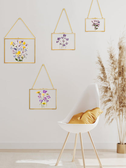 REDHUGO Hanging Pressed Flower Frame Handmade, Double Glass Picture Frame Floater frame Floating Frame for Pressed Flowers Home Wall Artwork, Rectangle Horizontal 4×6 inches, Gold (FRAME ONLY)