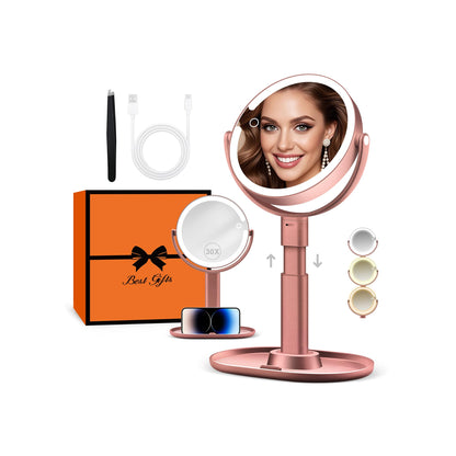 B Beauty Planet Makeup Mirror with Lights, Lighted Magnifying Mirror 30X with 3 Lighting and Adjustable Brightness, 2-Sided Height Adjustable Vanity Mirror for Bathroom, Gifts for Women White