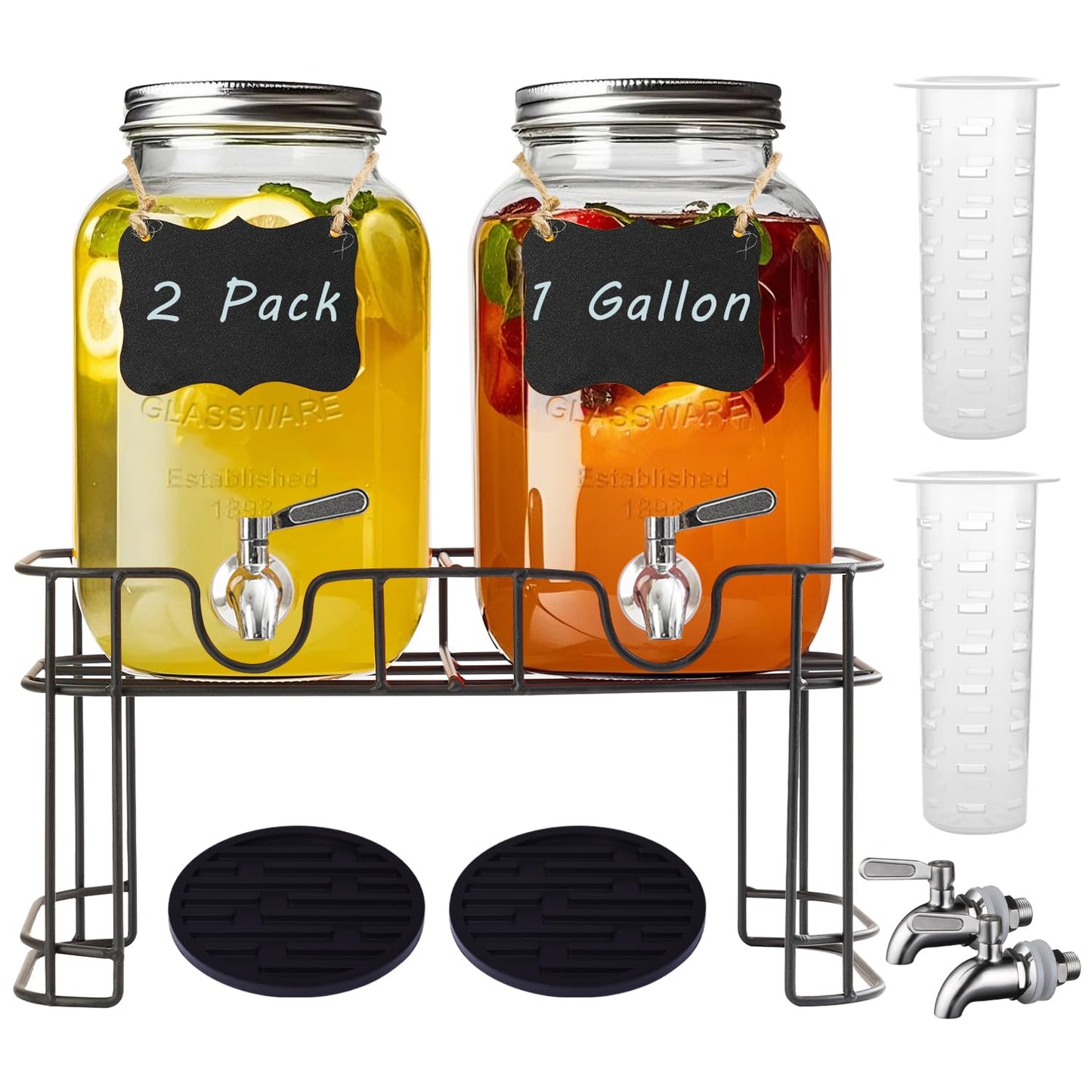 Galssmagic 1 Gallon Glass Drink Dispenser with Stand,2 Pack Glass Beverage Dispenser with Stainless Steel Spigot,Water Lemonade Dispenser for Parties