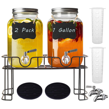 Galssmagic 1 Gallon Glass Drink Dispenser with Stand,2 Pack Glass Beverage Dispenser with Stainless Steel Spigot,Water Lemonade Dispenser for Parties