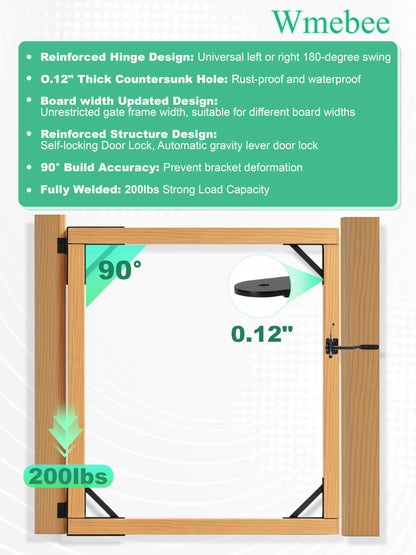 Wmebee Anti Sag Gate Kit, Fence Gate Kit Gate Hardware,Heavy Duty No Sag Anti Twist Gate Frame Corner Brace Bracket with Self-Locking Gate Latch for Wooden Fence Gate (1 Door Set)