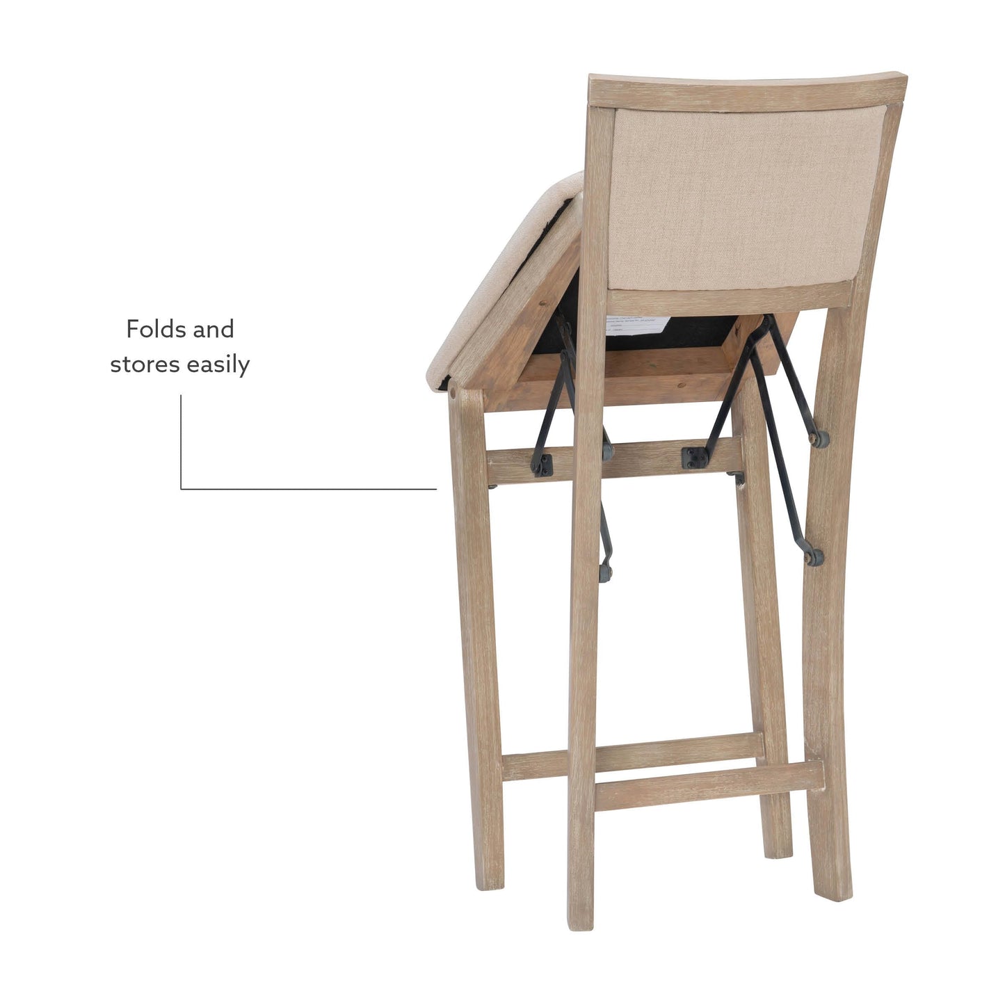 Linon Keira Natural Rustic Wooden Folding 25 Inch Seat Height Counter Stool with Beige Upholstered Seat and Back