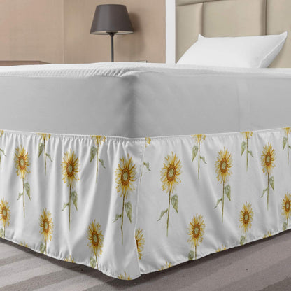 Lunarable Sunflower Bedskirt, Hand Drawn Floral Watercolor Pattern, Elastic Gathered Design, Full, Green Ginger