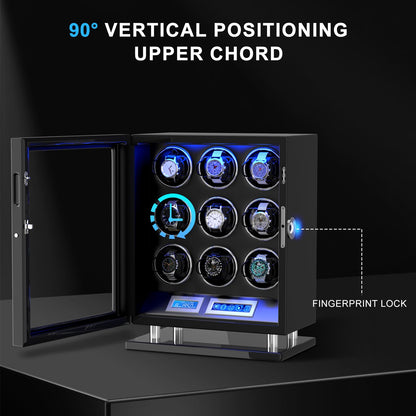 DUKWIN Watch Winder for 9 Automatic Watches, Fingerprint Lock Watch Winders with LCD Touchscreen, Blue LED Light, Remote Control,Adjustable Pillow and Quiet Motor for Universal Watches, 5TPD