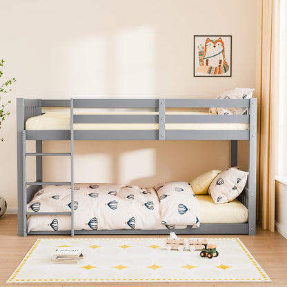 JOYMOR Solid Wood Low Twin Over Twin Bunk Bed for Kids/Junior, Bunk Bed Frame with Guardrails & Ladder for Boys Girls, No Box Spring Needed (Gray)
