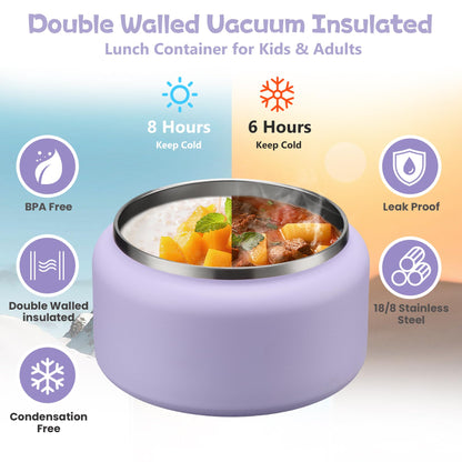 BABHAMNESS 13.5oz Soup Thermo for Hot Food Kids Insulated Vacuum Food Jar with Buckle Lid,Wide Mouth Leakproof Stainless Steel Lunch Container with Spoon-Purple