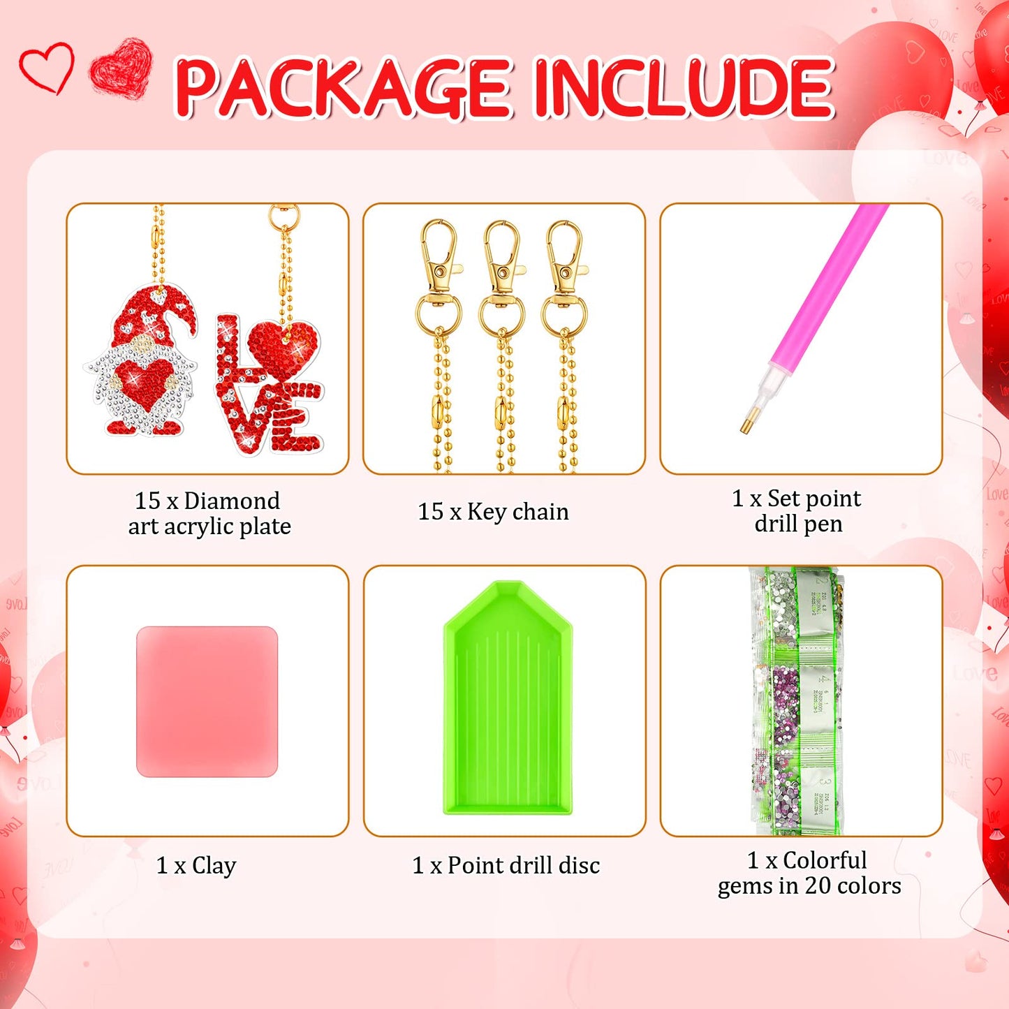 Inbagi 15 Pcs Valentine's Day Diamond Painting Keychains Kits with Tools Love Heart Painting Keyrings 5D Gnome Diamond Art Keychain Ornaments for Valentine's Day DIY Crafts Wedding Decor