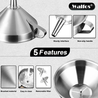Walfos Extra Large Stainless Steel Funnel with Venting Slot, Kitchen Funnel with 2 Removable Strainer ＆ 1Pc Cleaning Brush, Perfect for Transferring Liquid, Oils, Jam, Dry Ingredients (Jumbo, 7.9")