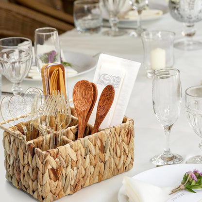 Wicker Flatware Organizer, Woven Utensil Caddy with Handle, Water Hyacinth Cutlery Holder for Picnic Silverware