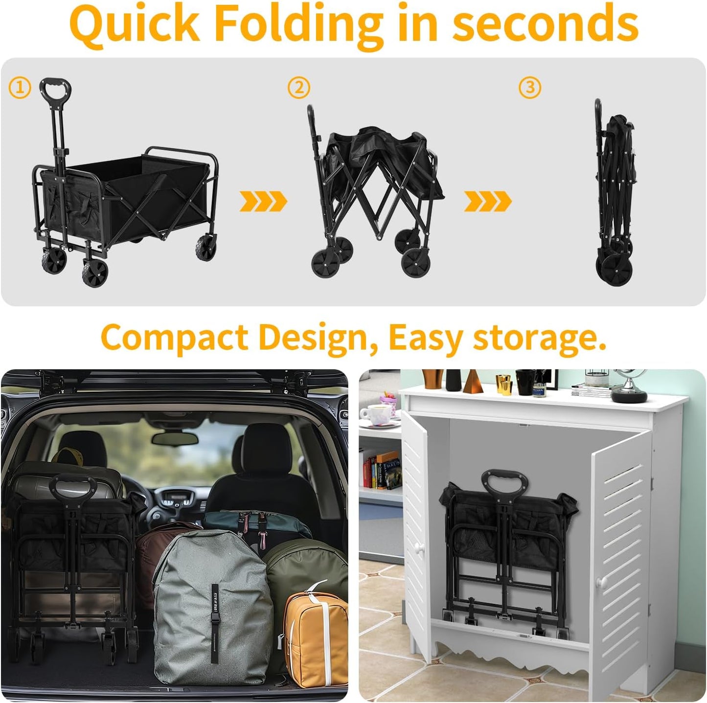 220 LBS Collapsible Folding Wagon Cart with Wheels, Capacity, Lightweight Portable Utility Cart with Flexible Handle
