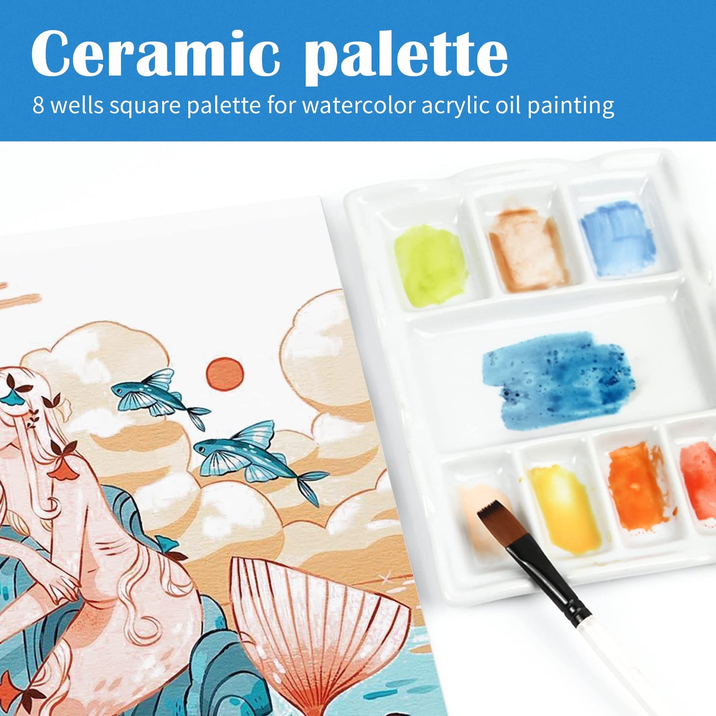 Falling in Art Artist Ceramic Palette, 8 Well Rectangle Porcelain Watercolor Paint Palette for Watercolor Gouache Acrylic Oil Painting, 7-Inch