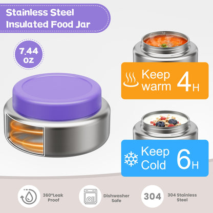 Pawtong Stainless Steel Bento Box Kids Adult with 7oz Insulated Food Jar, Transparent Lid Metal Lunch Box With Soup Thermal Jar, Lunch Box Container with Removable Divider & Sauce Cup School (Purple)