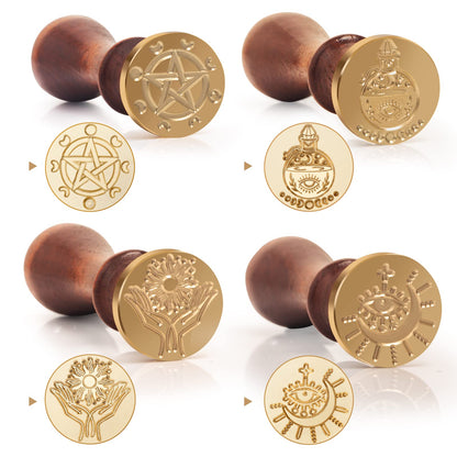 Wiccan Wax Seal Stamp Set, Pagan Pentagram Moon Phases Sealing Stamp Head, Vintage Evil Eye Triple Moon Pentacle and Sun Bottle Pattern Kit with Gift Box for Letter Envelope Witchcraft Invitation Card