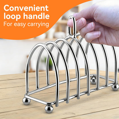 Frdhee Toast Rack English Style, 6 Slice Bread Holder, Stainless Steel Toast Holder Stand with Ball Feet, Vintage British Bread Loaf Grid Cooling Station with Handle for Kitchen Bakeware