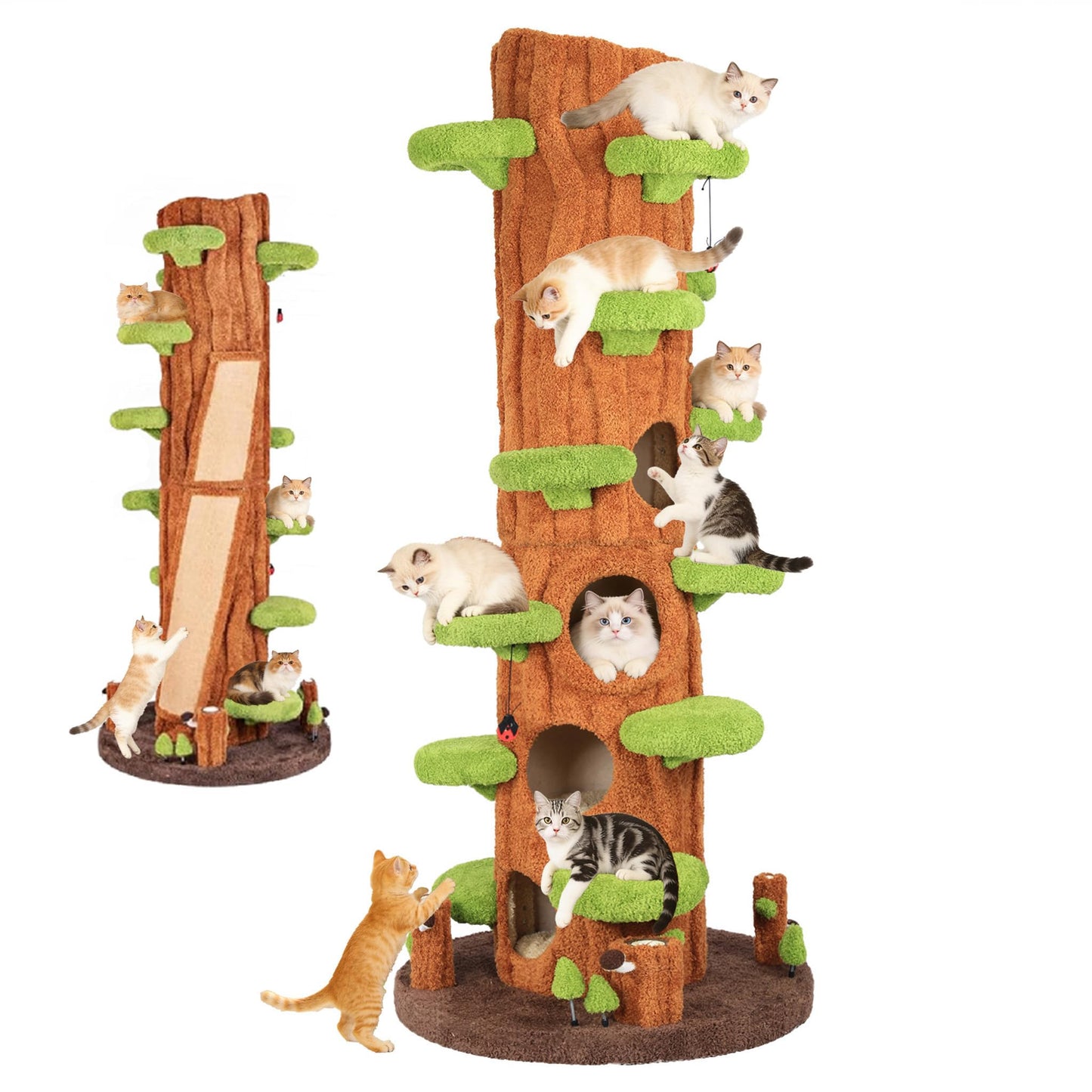 NUNU LAB Large Cat Tree for Indoor Cats – Multi-Level Solid Wood cat Tree Tower with Sisal Scratching Posts, Jumping Platforms, Plush Perches & Spring Toys for Multi-Cat Homes