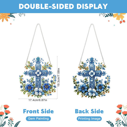 NAIMOER Cross Flowers Diamond Art Hanging Kits for Adults, 5D Special Shaped Rhinestone, DIY Acrylic Spring Diamond Art Painting Window Pendants Home Garden Wall Hanging Ornament Kits, Double Sided