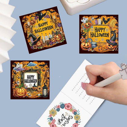 5D DIY Diamond Painting Greeting Card Kit, Diamond Art Halloween Pumpkin Gnome Holiday Greeting Card, Art Crafts Kit Creative Gift with Envelope (5pcs-Black)