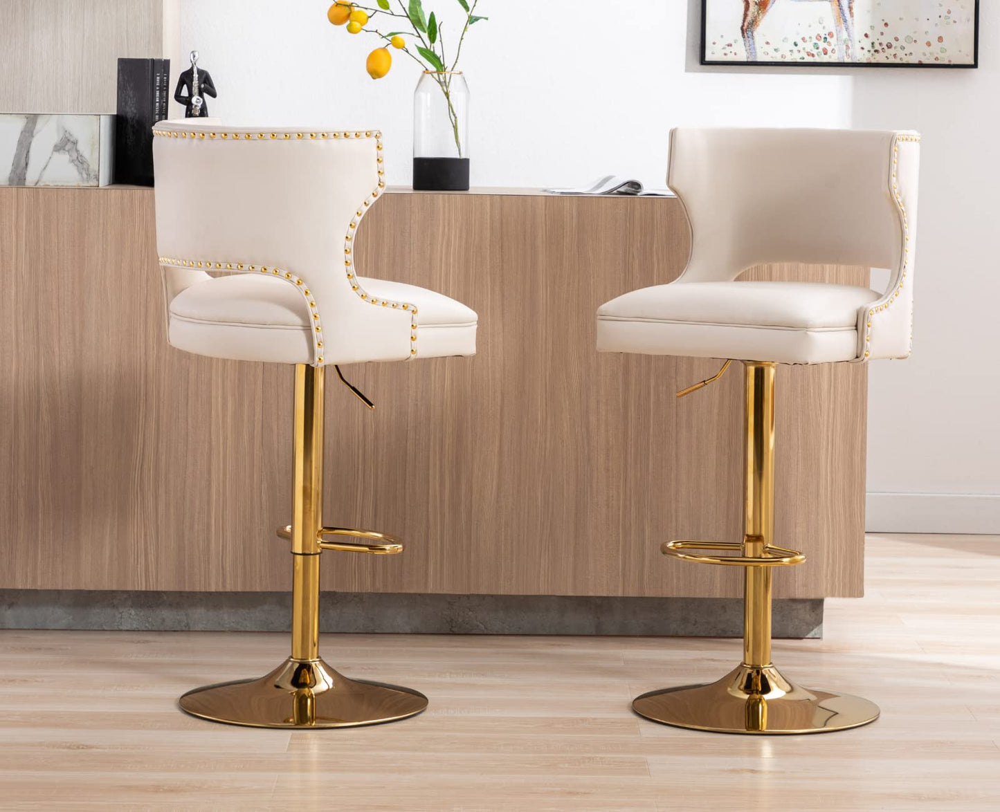 EALSON Leather Bar Stools Set of 2 Swivel Counter Height Barstools with Back Adjustable Bar Chairs with Gold Base Modern Upholstered Kitchen Island Stools for Home Bar Dining Room, PU Beige