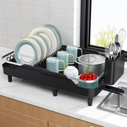 Urackify Expandable Dish Rack for Kitchen Counter,16.14"-23.62" Large Stainless Steel Dish Drying Rack with Adjustable Water Spout, Space Saving Dish Drainer with Auto Draining Cutlery Holder,Black