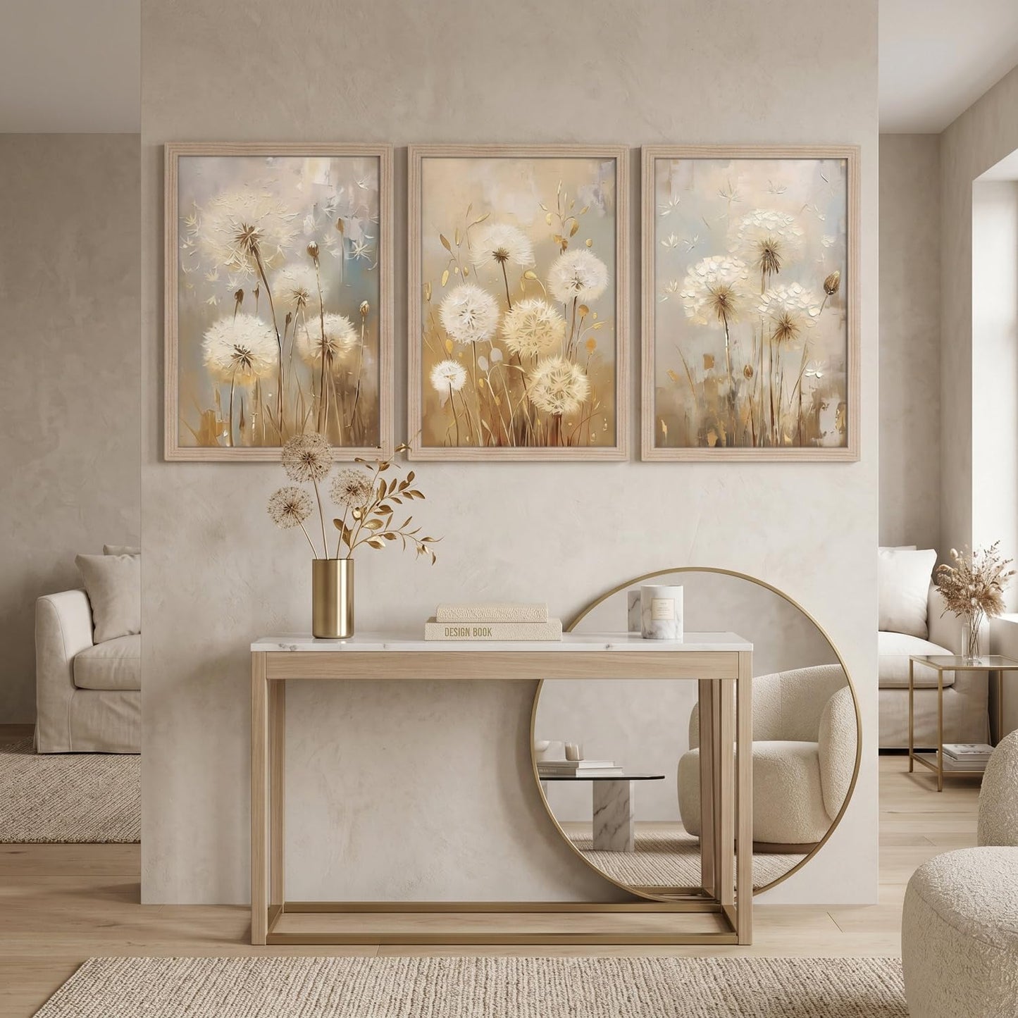 3 Pcs Framed Modern Dandelion Wall Art Canvas Painting Floral Image Oil Painting Style Poster Gallery Art Print Wall Decoration Print Living Room Bedroom Hallway 12x16 inch Ready to Hang