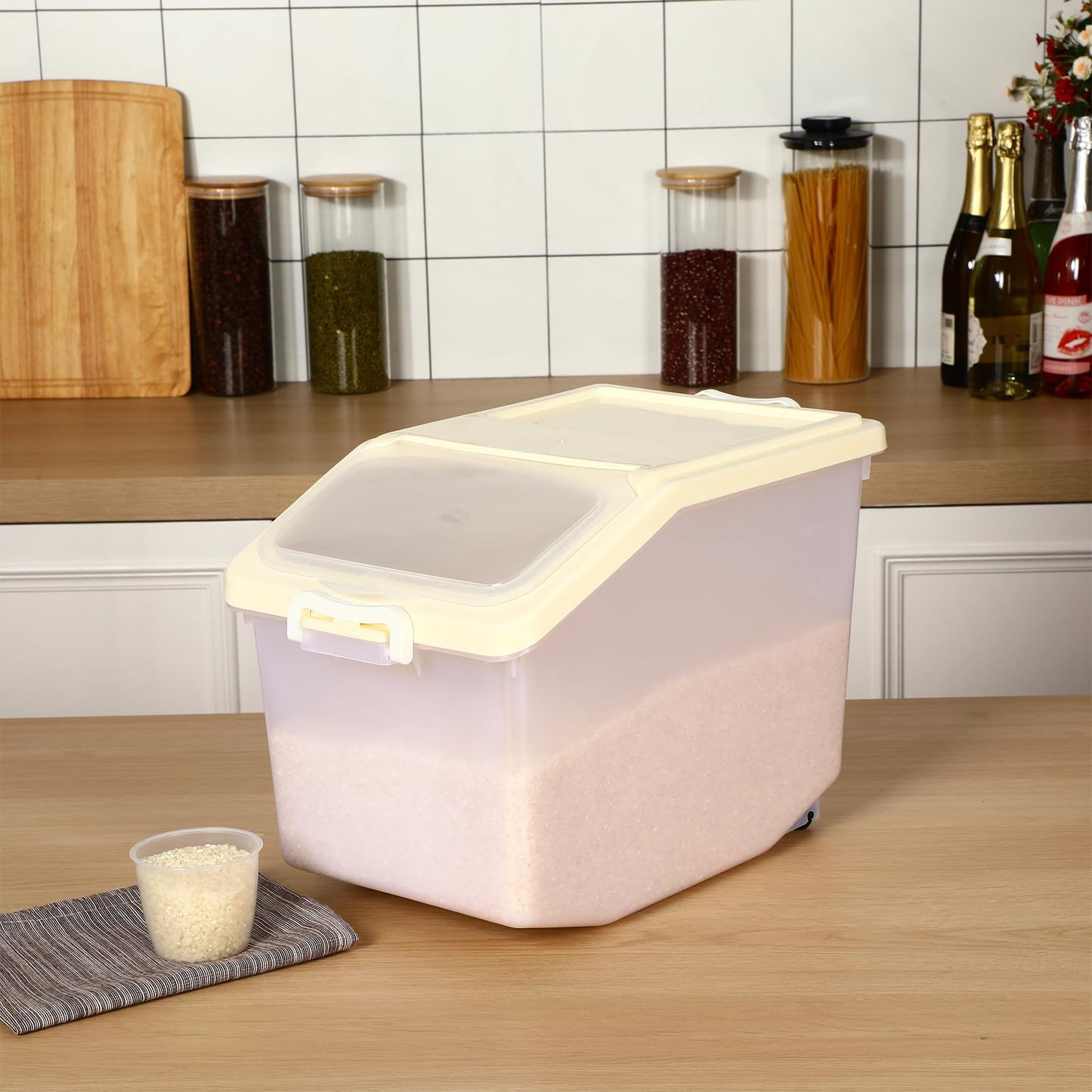Sunnyray 4 Pcs Rice Storage Container Bulk 27.6 lb Airtight Flour Container with Wheels and Lids Measuring Cup Clear Pet Food Dog Birds Cat Food Bin Grain Cereal Organizer Box(Cream)