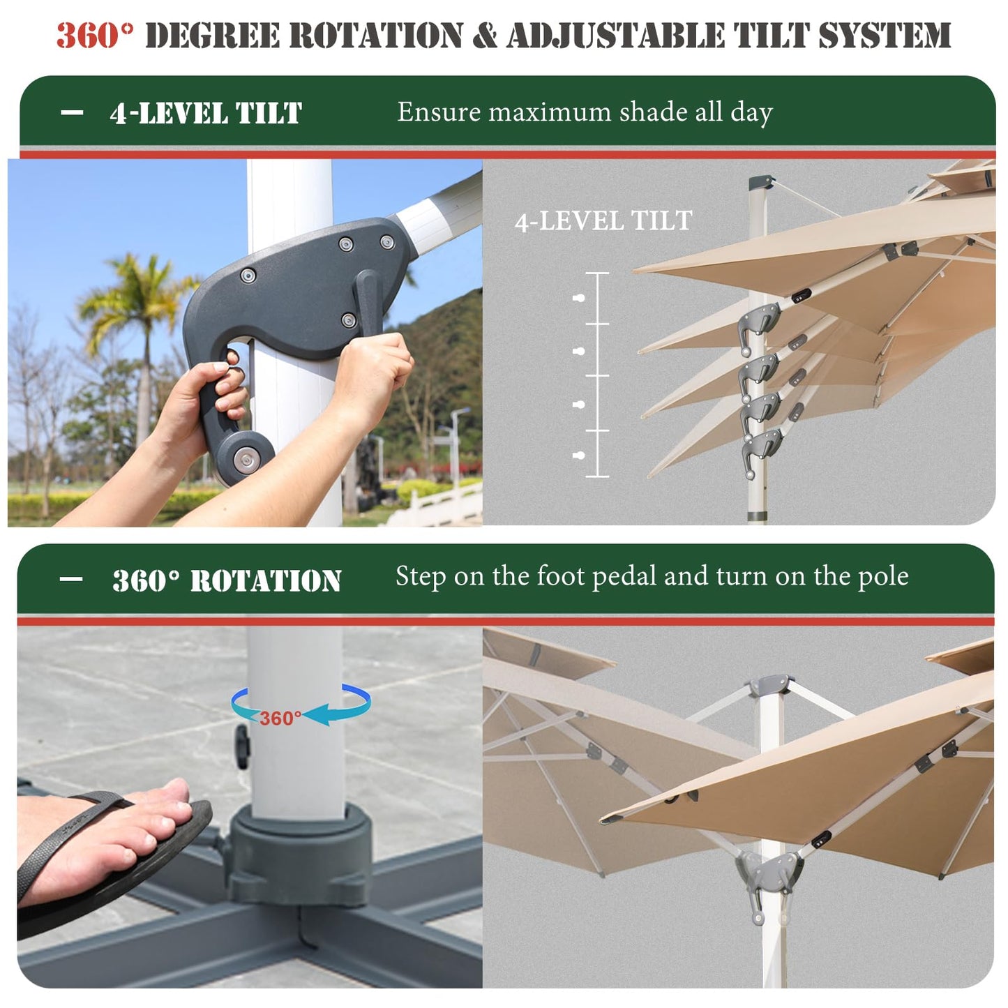 Mojia 10x10 FT Square Cantilever Patio Umbrella with Solar LED Lights and Cross Base, 360° Rotation Large Heavy Duty Offset Outdoor Umbrella with Easy Tilt for Pool Backyard Deck Garden, Khaki
