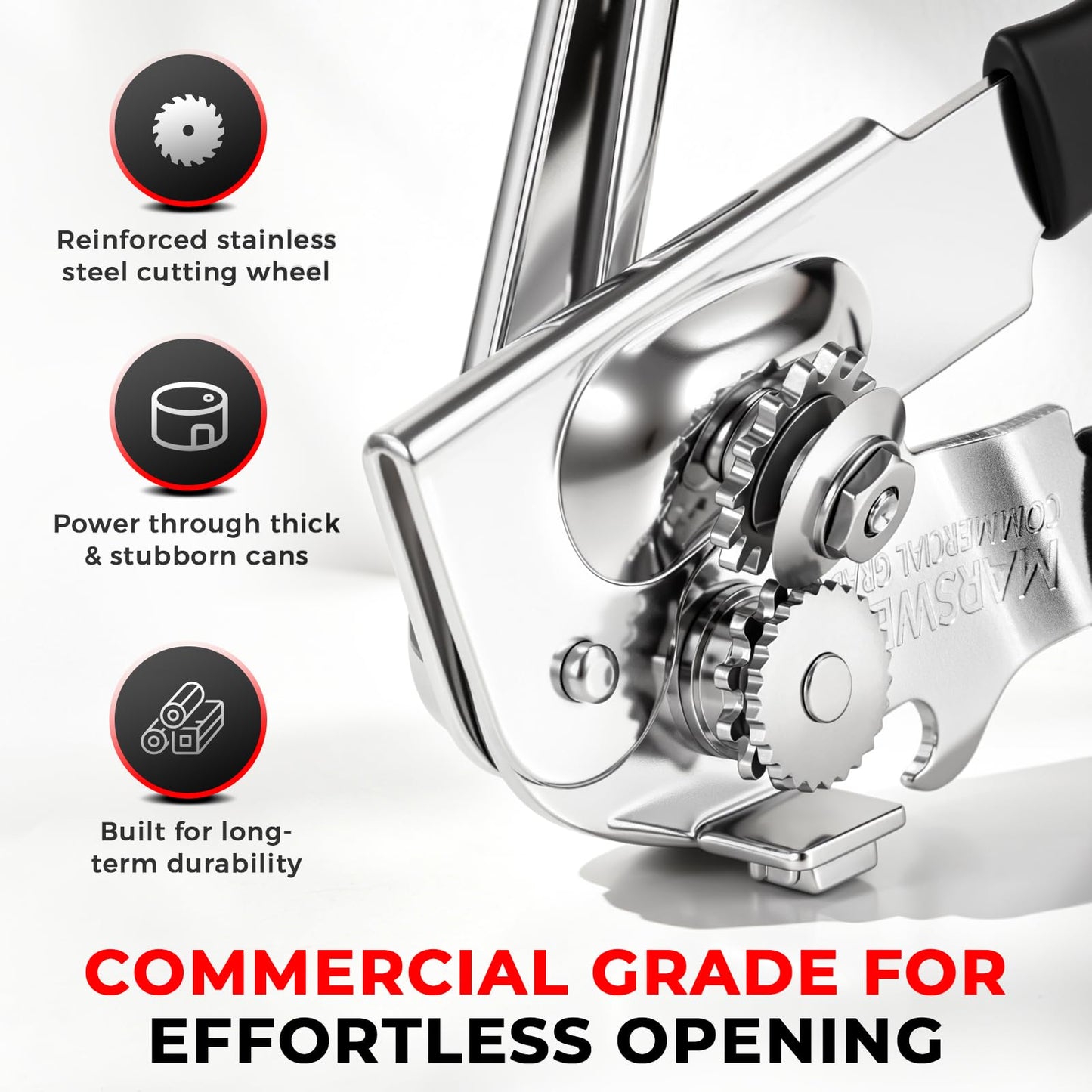 MARSWELL Heavy Duty Can Opener for Large Cans, Extra-Long Handles & Oversized Knob for Easy Cranking, Commercial Manual Hand Crank Opener Opens Big #10 Cans Smoothly, Strong All-Steel Construction