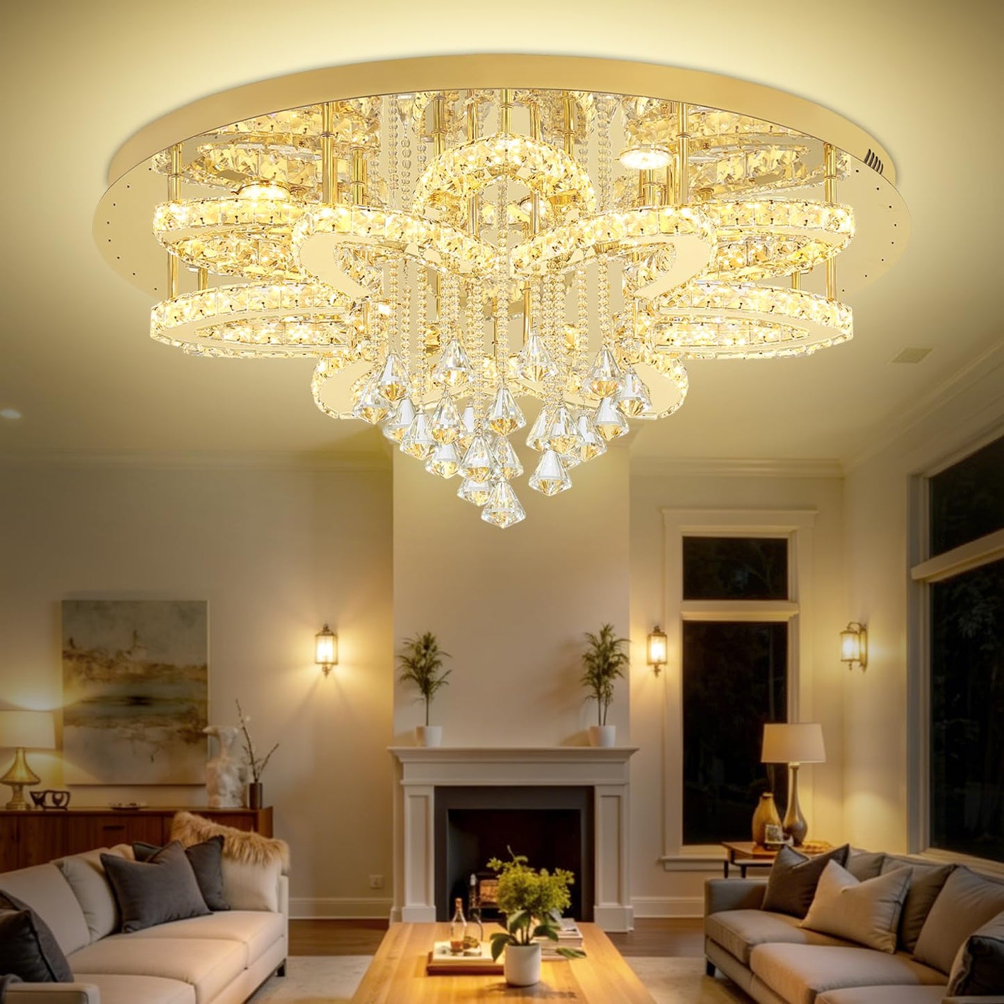 Flashing God 32'' Modern Crystal Chandeliers for Living Room Crystal Ceiling Light Fixture LED Dimmable Pendant Lighting Flush Mount Ceiling Chandelier for Dining Room Bedrooms Foyer Gold