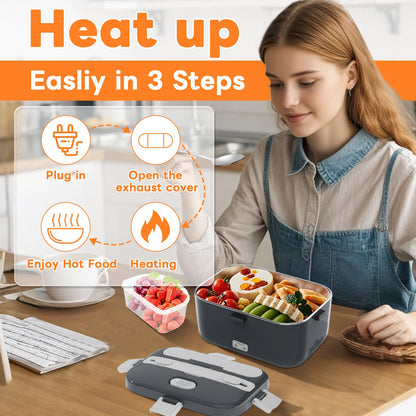 DUPASU Electric Lunch Box Food Warmer: 100W Heated Lunch Box for Adults, 1.8L Portable Fast Heating Lunchbox Food Heater for Car, Truck, Work, Travel, Lonchera Elctrica Porttil 12/24V/110-230V