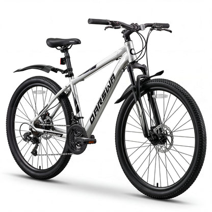 QARSWA 26 Inch Mountain Bike, Lightweight Aluminum Frame MTB with 21-Speed Trigger Shifter & Dual Disc Brakes, Comfort Foam Seat Adult Bicycle for Men and Women, Trail & Outdoor Riding, Matte Silver