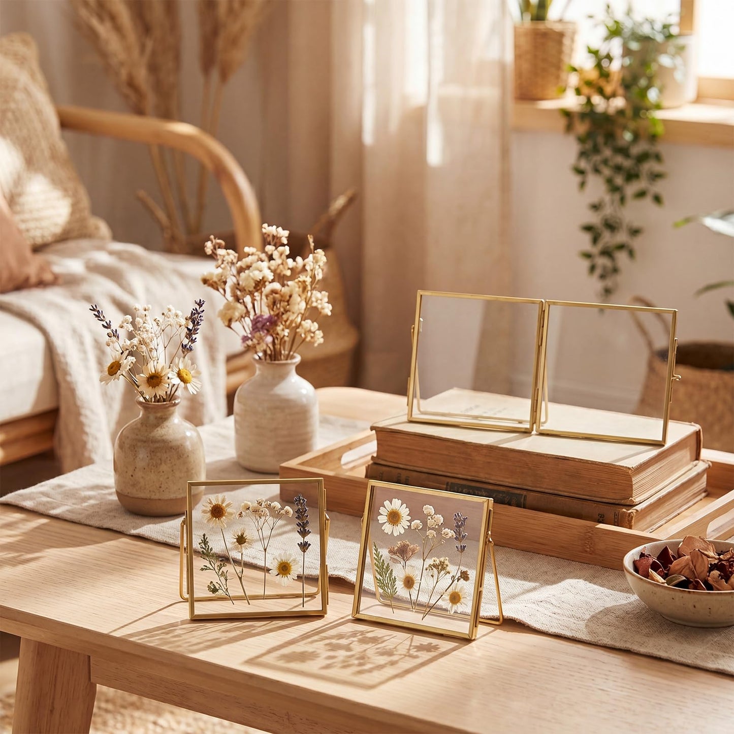 Vicenpal 5 Pack Glass Pressed Flower Frame Handmade, 4 x 4 floating Picture Frames for Pressed Flowers, Brass Double Glass for Tabletop Display, Home Office Plant Specimen, Photos(Gold)