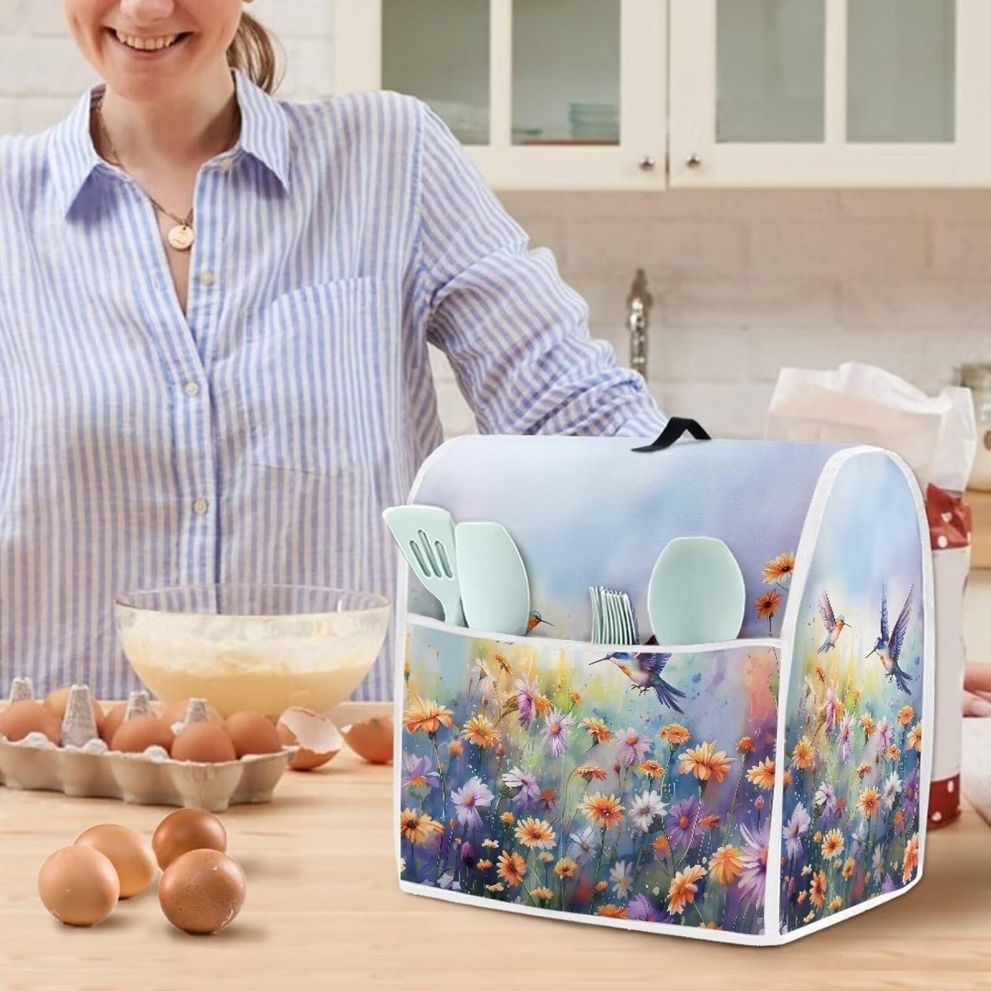 Hummingbird Daisy Dust Cover, Trendy Stand Mixer Kitchen Appliance Cover with Handle and Storage Pocket