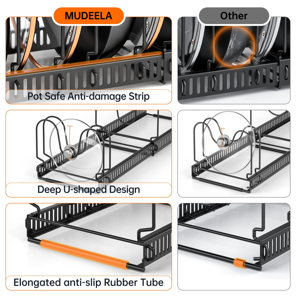 MUDEELA Pots and Pans Organizer Rack for under Cabinet, Expandable 11.81''-22.85'' Pot Lid Kitchen Cabinet Organizer Holder with 10 Adjustable Compartment Cutting Board Organizer for Pan Lid, Bakeware