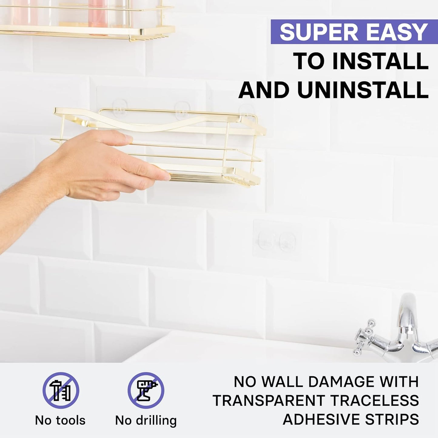 KINCMAX Premium Shower Caddy, 2-Pack Self Adhesive Wall Shower Organizer, Rustproof Stainless Steel Shower Storage Rack