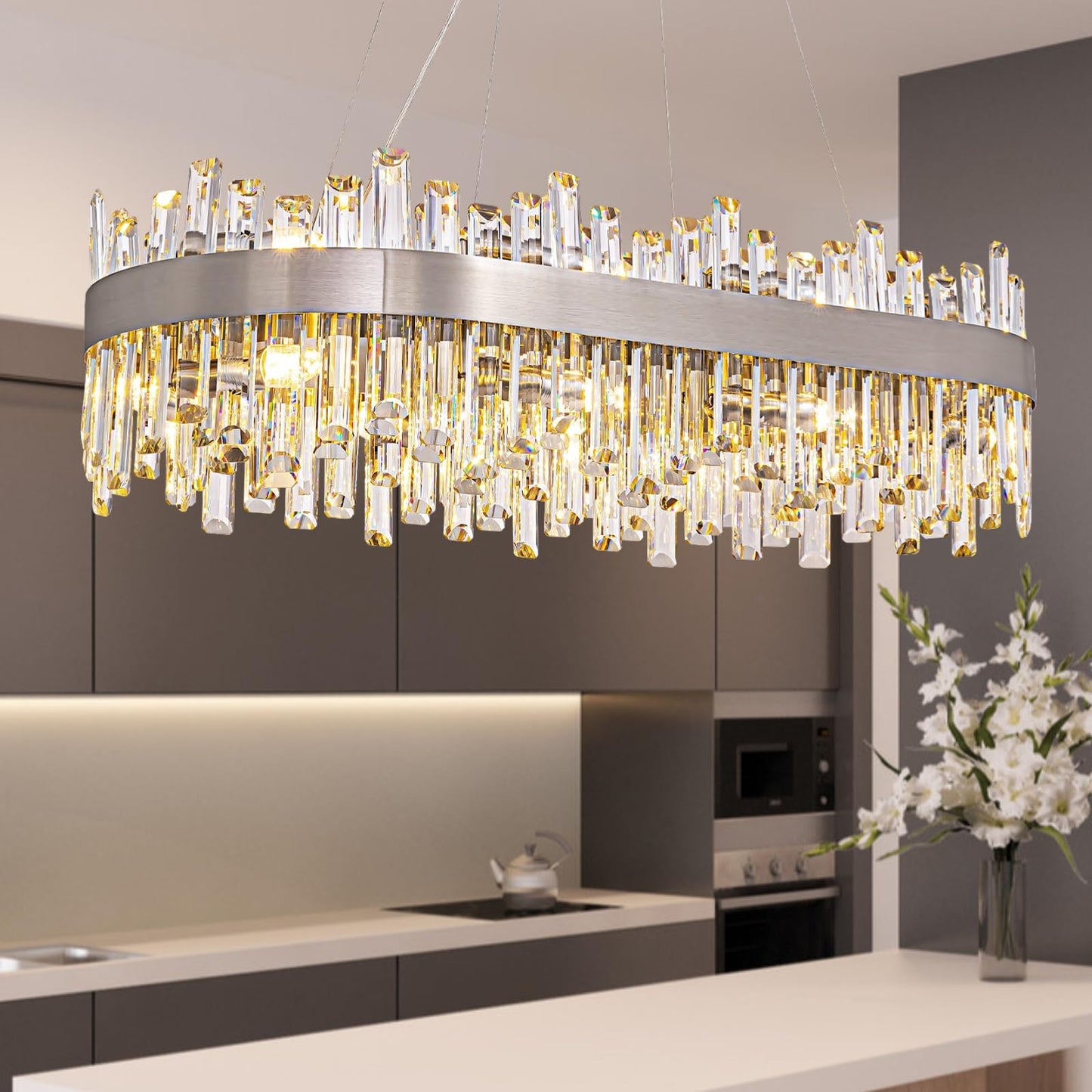 Siljoy Modern Crystal Chandelier, Luxury Rectangular 2-Tiers K9 Crystal Raindrop Chandelier, 16-Light Adjustable Hanging Crystal Ceiling Light for Dining Room Living Room Kitchen L35.4''