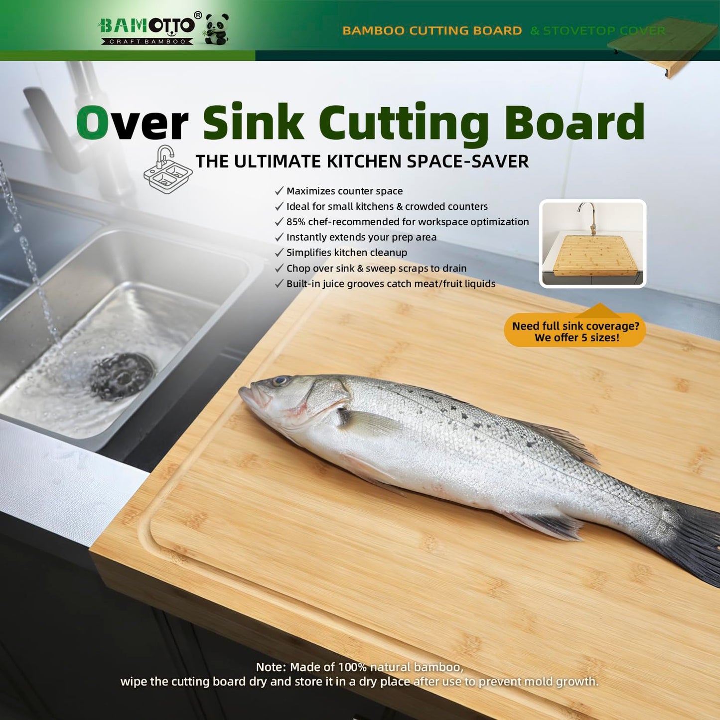 BAMOTTO CRAFTBAMBOO 24 x 18 Inch Large Bamboo Cutting Board and Stovetop Cover, Over-the-Sink Board with Detachable Support Legs & Secure Front Lip, Carving and Pasta Board