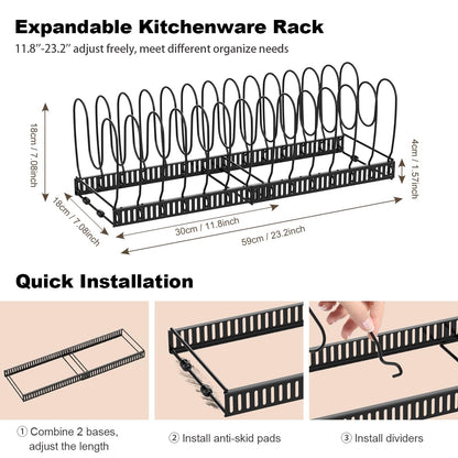 Housolution 2 Pack Pot and Pan Organizer, 12"-23" Expandable Pot Lid Organizer with 14 Adjustable Dividers, Pan Lid Holder Storage Rack for Cabinet, Black