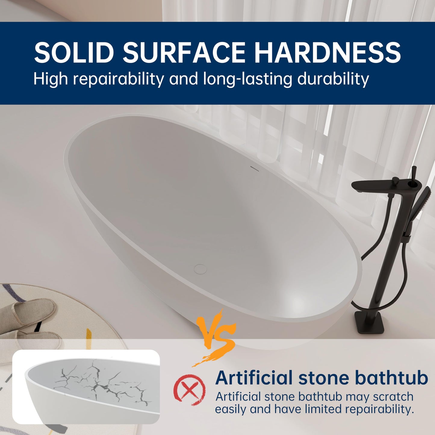 MEDUNJESS 61'' Resin Stone Soaking Bathtub Oval Solid Surface Freestanding Soaking Bathtubs Matte White Soaking Tub with Overflow and Pop up Drain - White