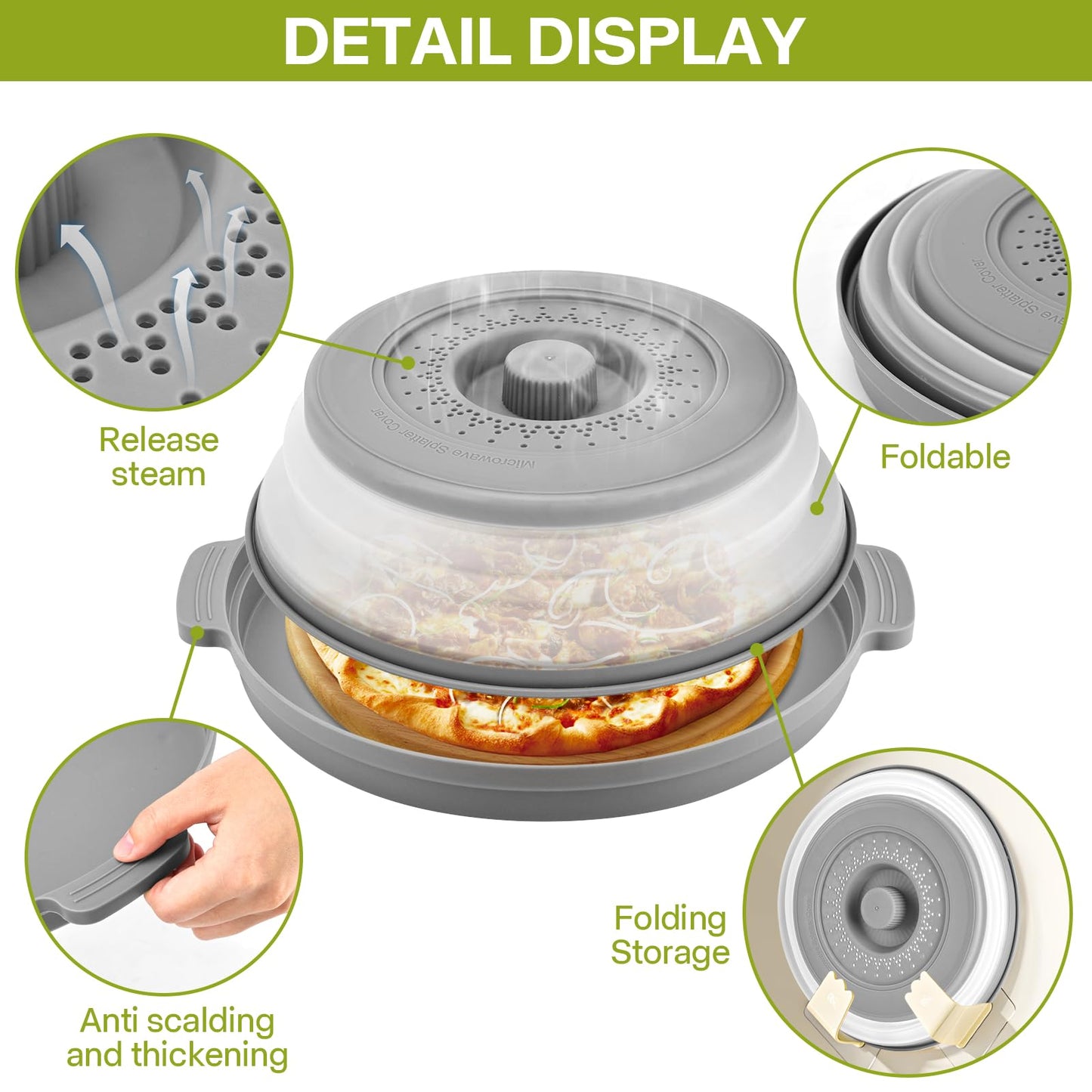 Microwave Splatter Cover for Food with Anti-scald Base Plate,Large Plastic & Silicone Vented Avoid Scalding Collapsible Guard Lid,Kitchen Essential Gadgets for Meal Prep-10.7 Inch (gray)